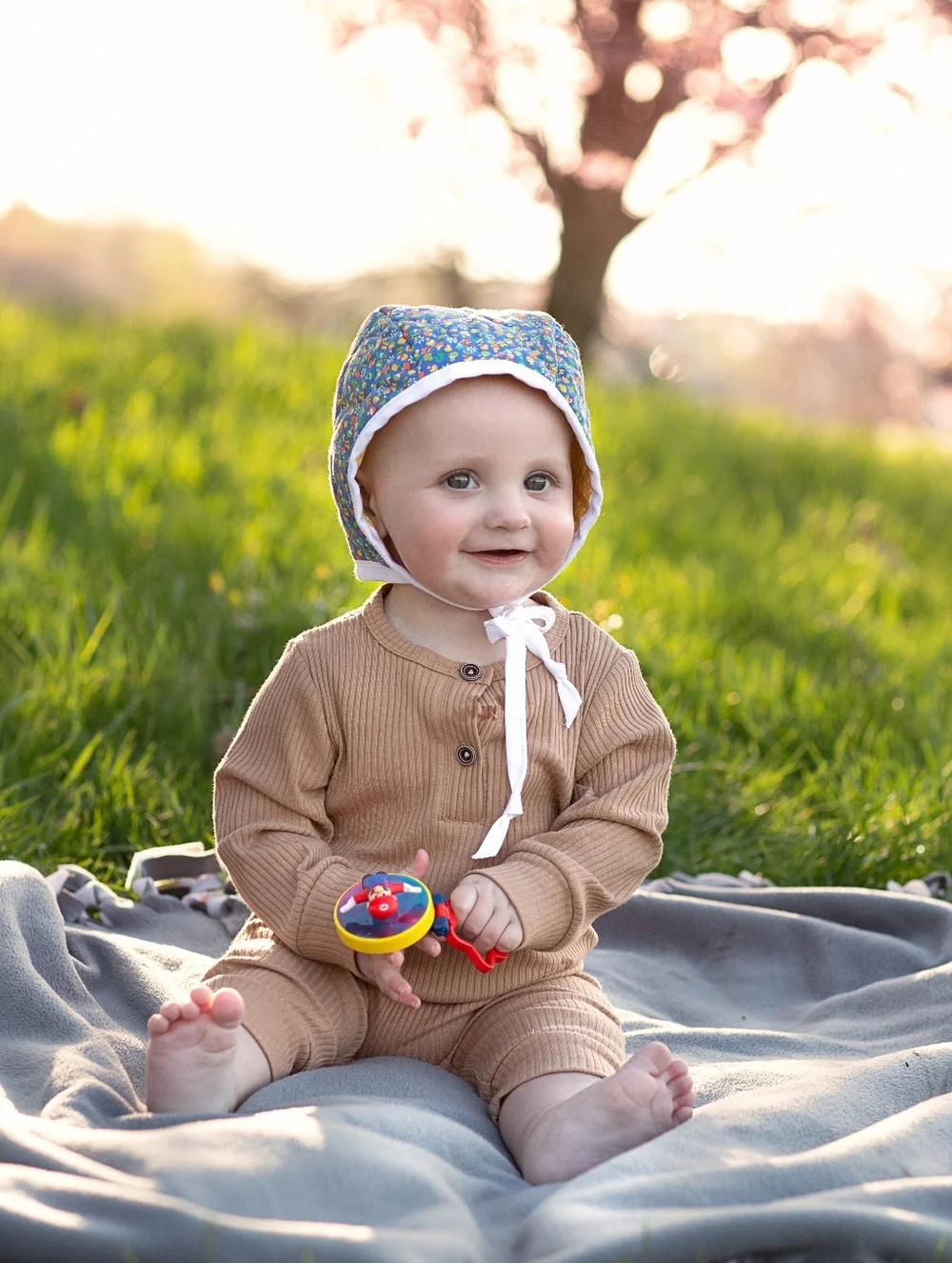 Upcycled Quilted Baby Bonnet Blue Mushroom Fully Lined 6-12 months